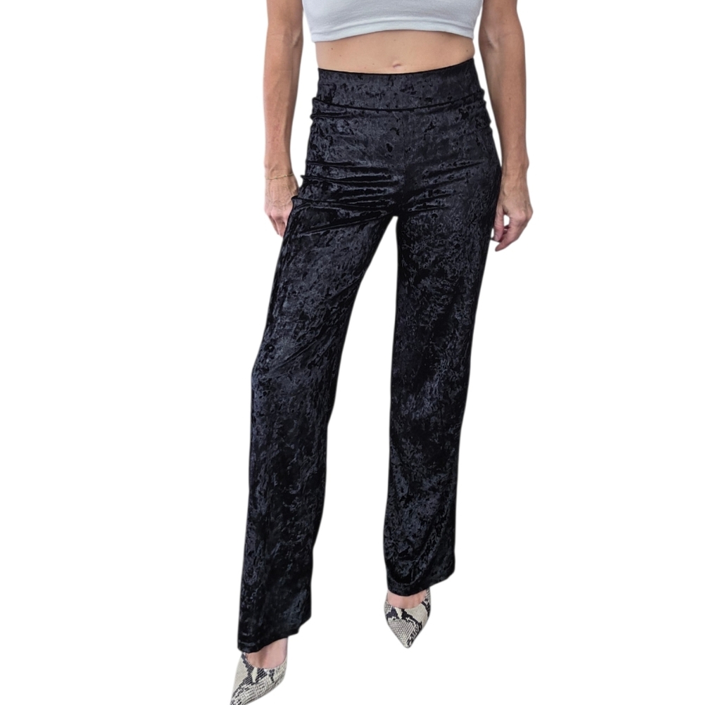 Y2K Biography Black Crushed Velvet Wide Leg Pants High Rise Size S